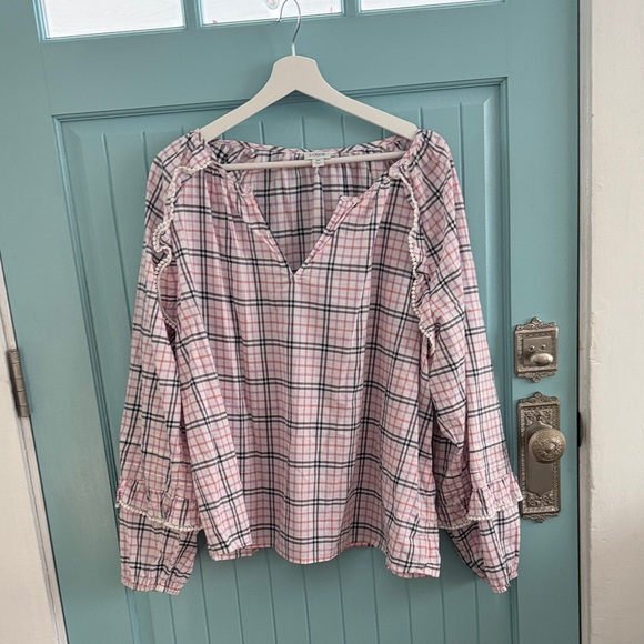 J. Crew Tops - J. Crew Pink Plaid Blouse with Ruffle Details